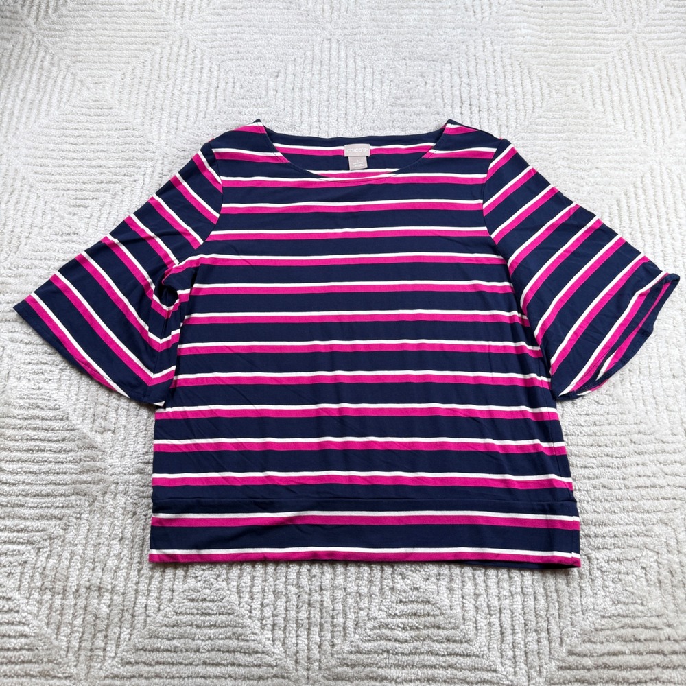 Chico's Striped Top Womens 1 M Flutter Sleeve Casual Preppy Coastal Work Office
